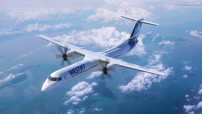 De Havilland Dash 8-400 view from above while flying (WestJet Encore)