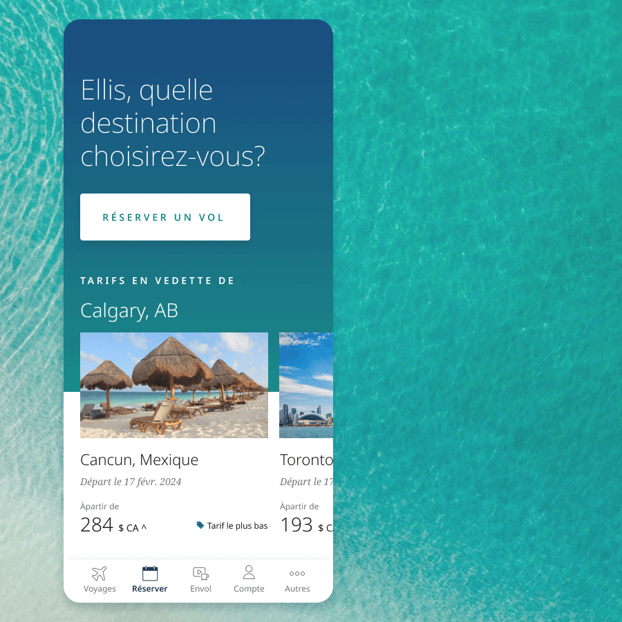 WestJet app overlayed over ocean