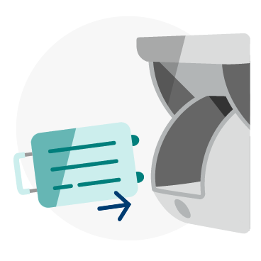Graphic of roller bag being loaded on it's side into overhead bin wheels first and handle facing out
